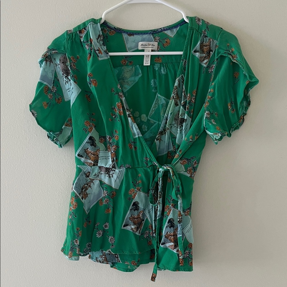 Anthropologie Green Patterned Wrap Blouse